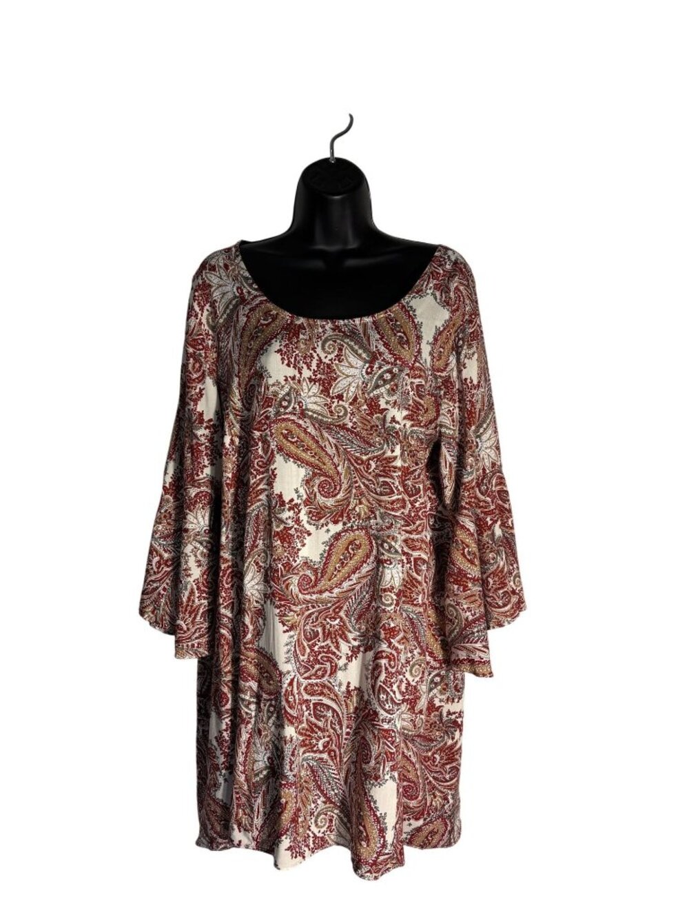 Paisley Print Bell Sleeve Tunic Top Open Back & Criss-Cross Detail Boho Style